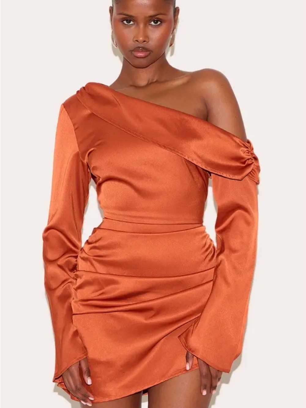 PrettyLittleThing One-Shoulder Rust Satin Mini Dress